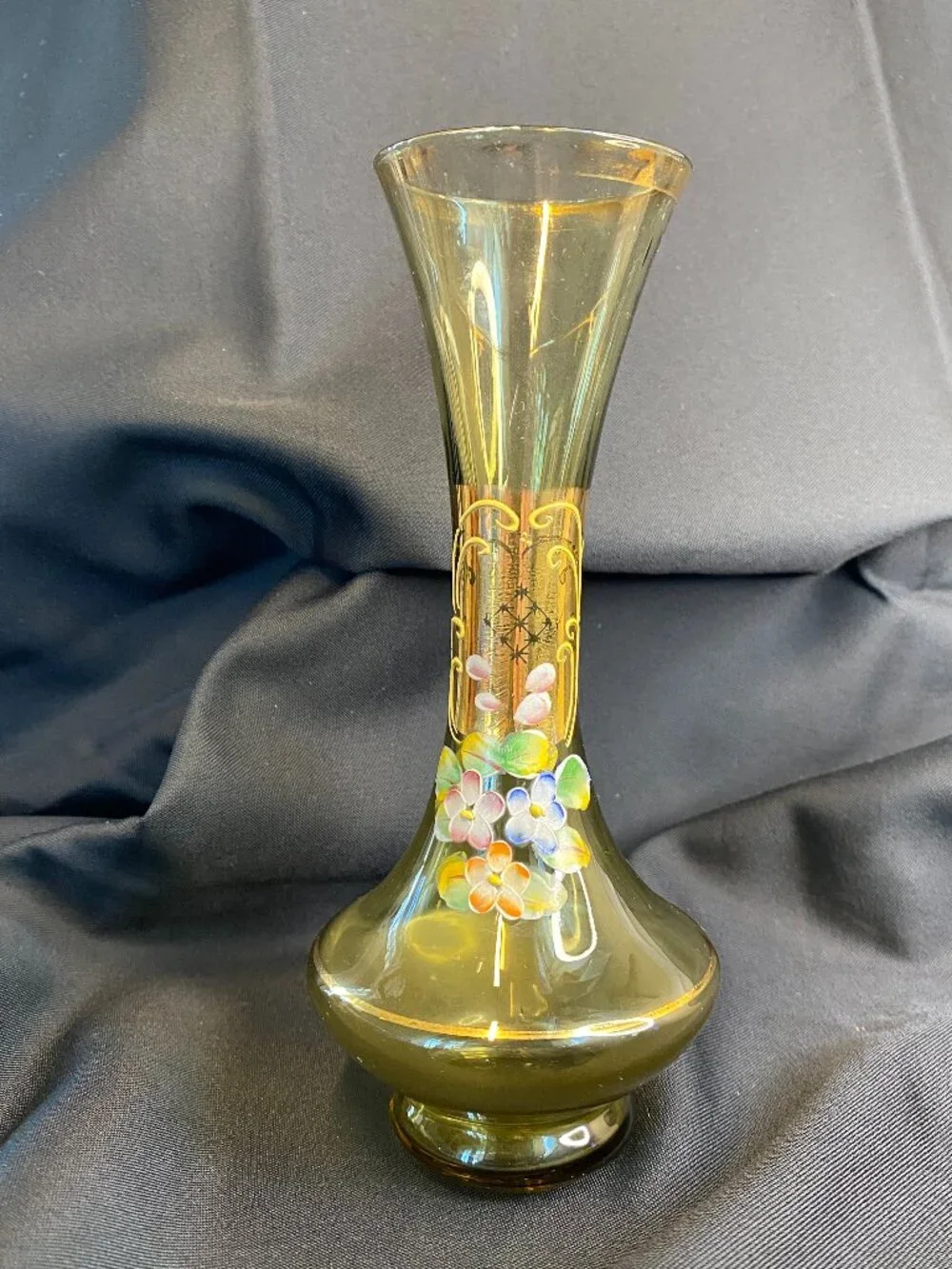 Vintage Hand Painted Amber Blown Glass Bohemian Cottage Core Bud Vase